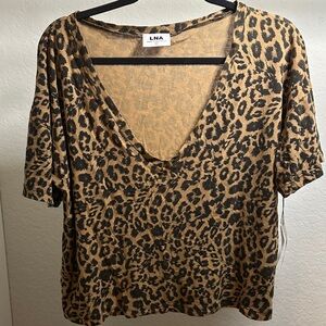 LNA Animal Print V-Neck Top - Tan and Black Cropped Sz L NWT